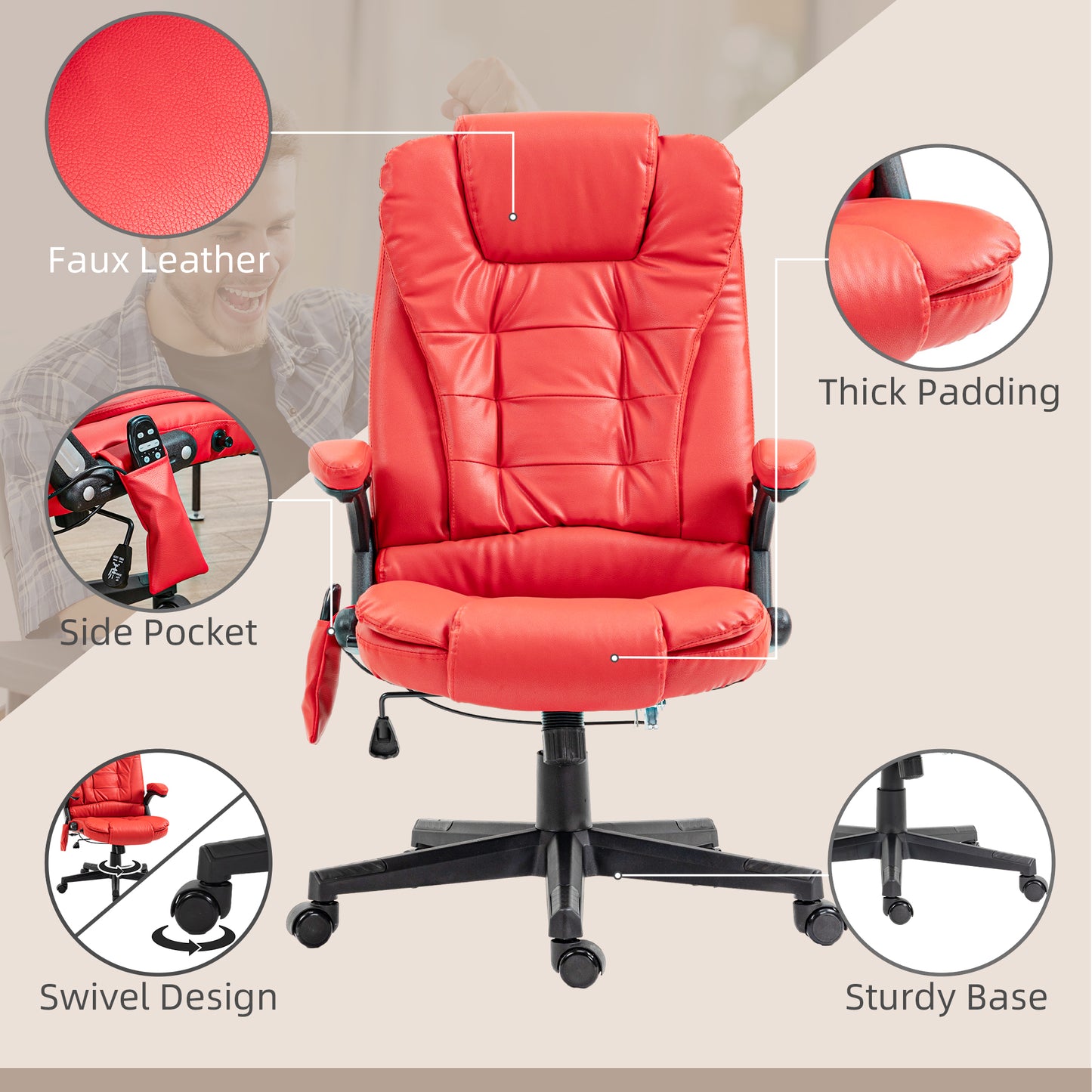 Massage Office Chair, Heated Reclining Computer Chair with 6 Vibration Points, Armrest and Remote, Red