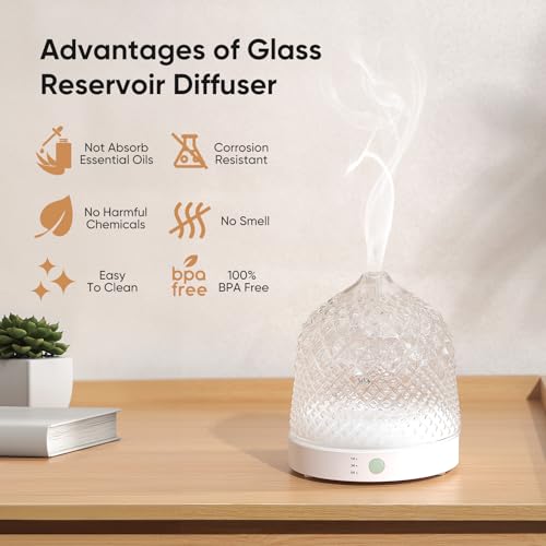 Lecdura Glass Essential Oil Diffuser, 200ml Ultrasonic Aroma Diffusers with Glass Reservoir Dome & White Plastic Base Lock...