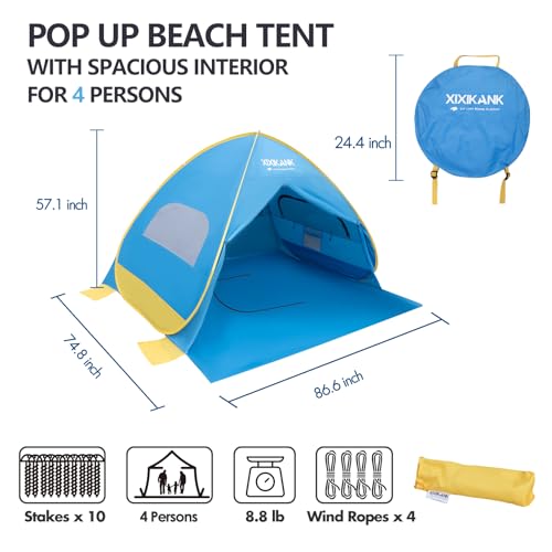 XIXIKANK 2 Second Easy Setup Pop Up Beach Tent for 4 Person,UPF 50+ UV Protection Beach Shade, Wind Resistant Sun Protecti...