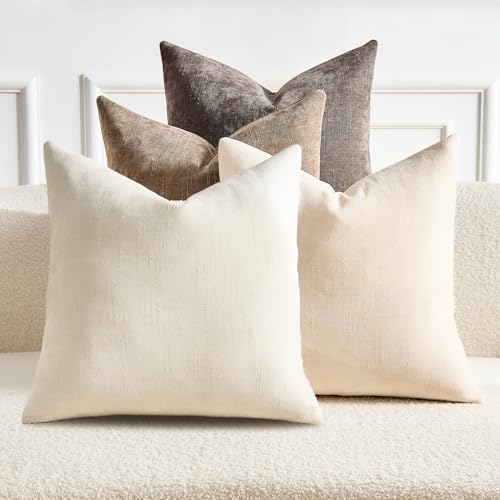 GriNeed Pack of 4 Throw Pillow Covers 22x22 Inch Chenille Textured Neutral Soft Pillow Covers Solid Decorative Farmhouse C...