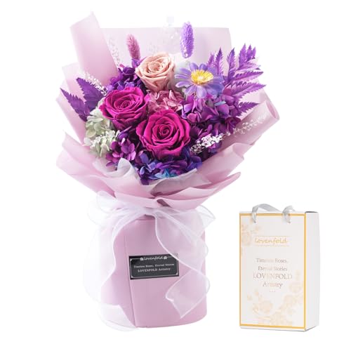 lovenfold Preserved Flowers for Delivery, Purple Rose Bouquets That Last 1-3 Years, Birthday Flowers Gifts for Women Mom G...