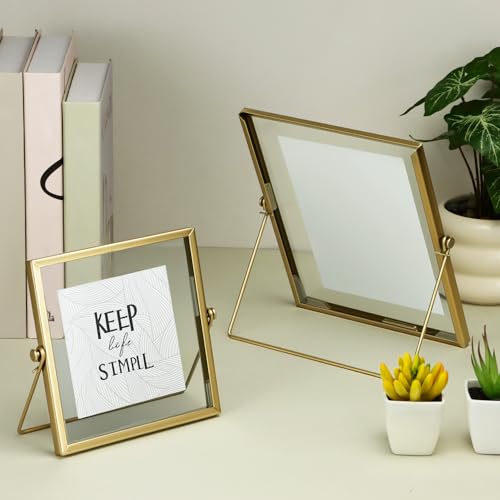 QWORK Gold Floating Picture Fram, Set of 3 Glass Double Panel Metal Frame, Includes 5x7, 4x6, 4x4, Tabletop Display for Po...