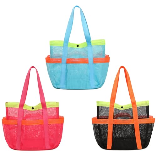 GQIRIL Mesh Beach Bag, Foldable Waterproof Sandproof Beach Storage Tote with 6 Pockets, Swim Tropical Vacation Pool Essential