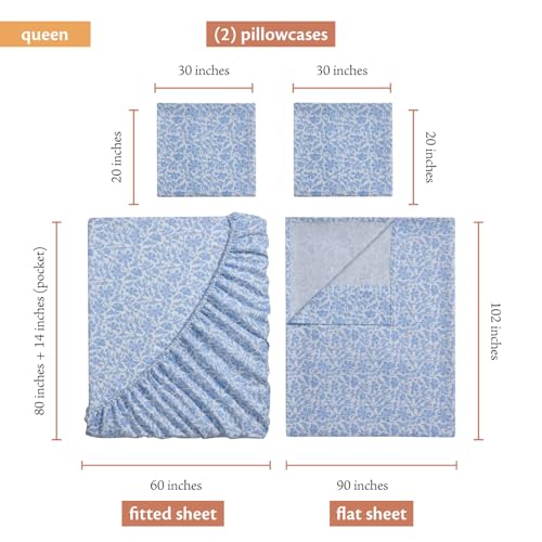 Indigo Ink Queen Size 4-Piece Sheet Set - Fitted & Flat Sheets & Pillowcases | Medium Weight | Soft & Breathable | Durable...