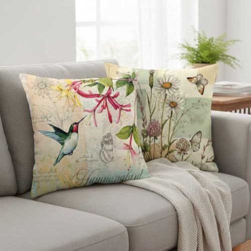 Hopomoon Throw Pillow Covers 18x18 Set of 4 Spring Summer Vintage Hummingbird Dragonfly Floral Rustic Garden Theme White L...
