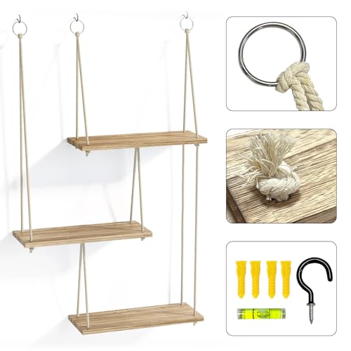 Fixwal Hanging Plant Shelves for Wall, 3 Tier Boho Wall Decor Plant Rack Floating Shelves Rope Rustic Wood Organizer Stora...