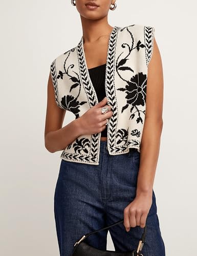 Dapoola Womens Floral Sleeveless Sweater Vest Boho Printing Cropped Casual Knit Cardigan Top
