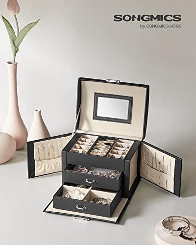 SONGMICS 3-Tier Jewelry Box, Travel Jewelry Case with Handle, 2 Drawers, Lockable Jewelry Organizer with Mirror, Jewelry S...