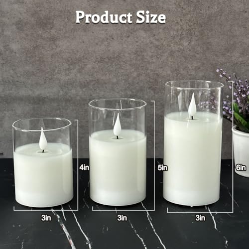 LEDHOLYT Rechargeable Flameless Glass Pillar Candles–Mothers Day Gifts,–Set of 3, Realistic Flickering LED Light,Remote & ...
