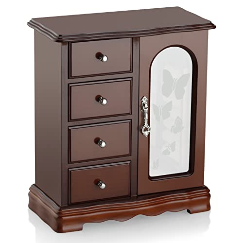 RR ROUND RICH DESIGN Jewelry Box - Made of Solid Wood with 4 Drawers Organizer and Built-in Necklace Carousel and Large Mi...