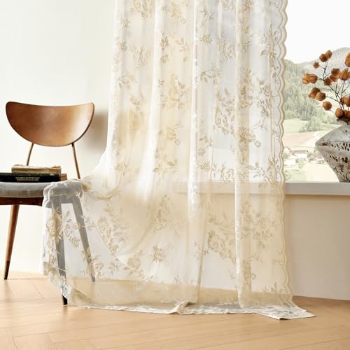 SEEKRIGHT Beige Lace Curtains 84 Inches Long Victorian Floral Sheer Curtains for Living Room Bedroom Decor Drapes Rod Pock...