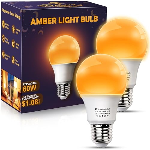 DALUXshop Amber Sleep Light Bulbs, Blue Light Blocking, A19 9W(60 Watt Equivalent) Dim Light Bulbs for Lamp, 1800K Warm Li...