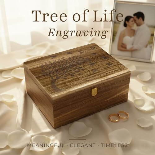 Keepsake Box – Wooden Keepsake Memory Box with Hinged Lid, Tree of Life Engraving, Large Acacia Wood Box 11"x8.6"x5", Felt...