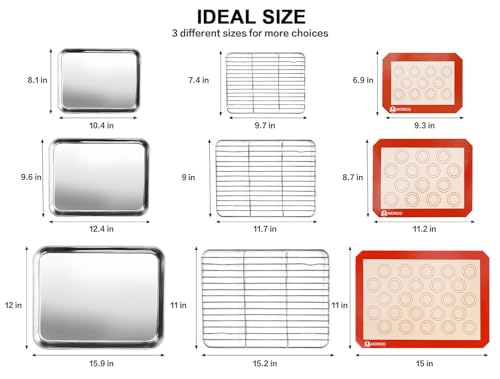 Stainless Steel Baking Sheet Tray Cooling Rack with Silicone Baking Mat Set, Cookie Pan with Cooling Rack, Set of 9 (3 She...