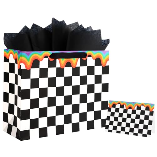 ASYEHJNR 13" Large Size Checkered Rainbow Gift Bag Black and White Plaid Gift Bag with Greeting Card and Tissue Paper for ...