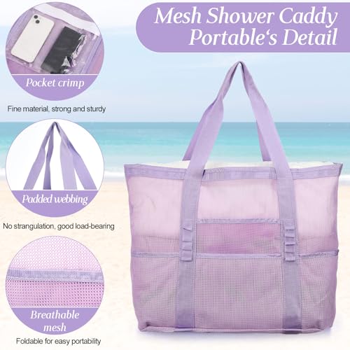 Hillban Large Beach Mesh Bags Bulk for Women Beach Tote Bag with 8 Pocket Zipper Waterproof Sandproof for Pool Cruise Ship