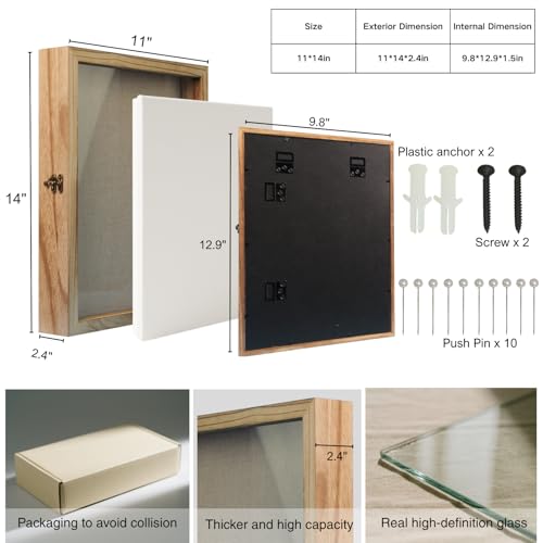 11x14 Nature Wood Shadow Box Frame - 1.57" Deep Display Case for Wedding Memory Box, Flowers and Pictures - Front Opening ...