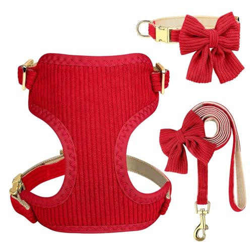 Didog Cute Small Dog Harness Collar and Leash Set with Bowtie, Breathable Soft Mesh Padded Puppy Harness, Christmas Dog Ha...