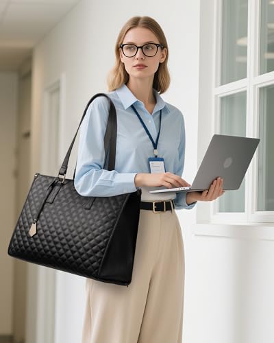 LOVEVOOK Lunch Tote Bag for Women, 15.6 Inch Laptop Bag with Insulated Lunch Compartment, Quilted Large Capacity Computer ...