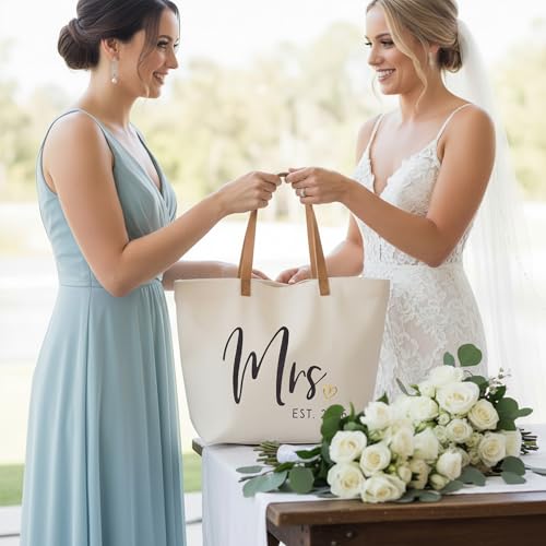 ELEGANTPARK Mrs Gifts for Bride 2026 - Large Canvas Wedding Tote Bag with Zipper, Bridal Shower Gift for Bride to Be, Bach...