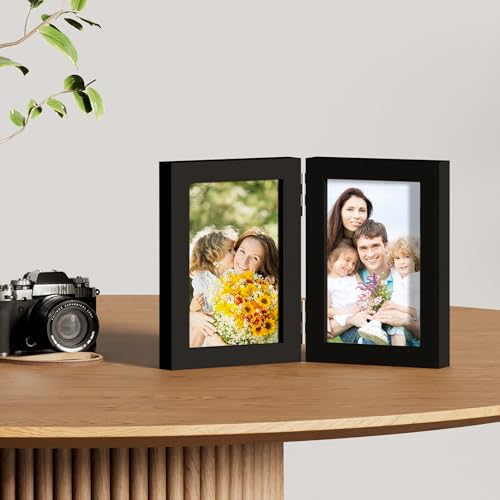 decorUhome Double 4x6 Picture Frame Vertical, Engineered Wood Bifold Photo Frame with Plexiglass for Tabletop Display, 4x...