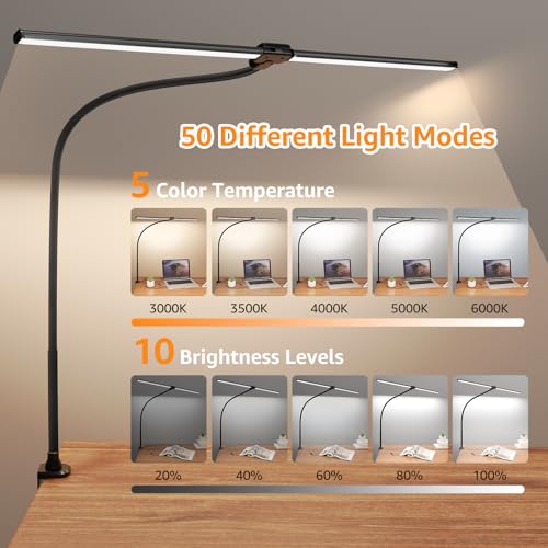 ShineTech LED Desk Lamp, 31.5" Ultra Wide Double Head Architect Light with Clamp, 50 Adjustable Lighting Modes, Eye-Caring...