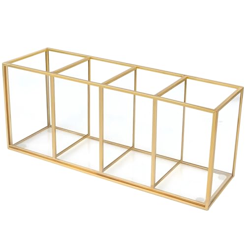Toyosport Gold Pencil Holder, Gold Makeup Brush Holder, 4-Compartment Desktop Organizer, Transparent Glass Holder, Ideal f...