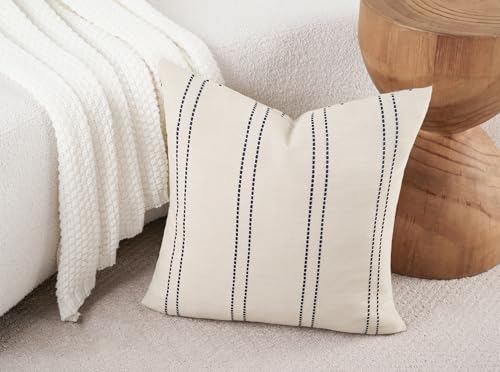 HOMFINER Decorative Throw Pillow Covers 18x18 Inch Set of 2 Linen Striped Accent Neutral Beige Farmhouse Boho Square Cushi...