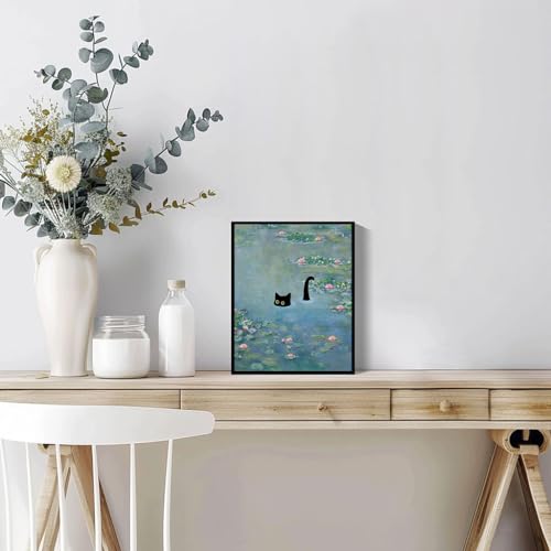 Hamduker Cat Wall Art Monet Prints Vintage Canvas Wall Art Funny Cat in Water Lilies Posters for Room Bedroom Living Room ...