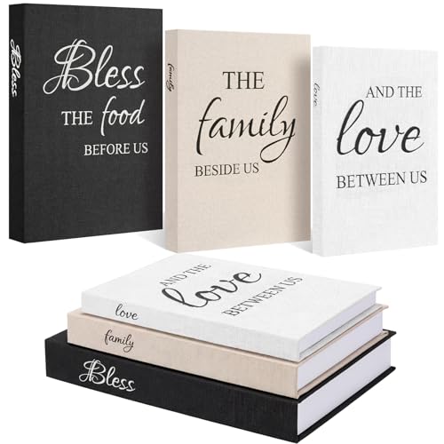Weysat Set of 3 Bless Family Love Decorative Books for Home Decor Linen Faux Books Stacked Neutral Modern Aesthetic Fake S...