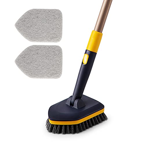 Yocada Tub Tile Scrubber Brush 2 in 1 Cleaning Brush 58.2 Inch Adjustable Telescopic Pole Stiff Bristles Scouring Pads for...