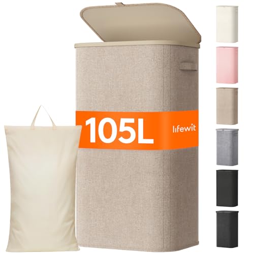 Lifewit 105L Large Laundry Basket with Lid, Laundry Hamper with Plastic Handles and Removable Bag, Foldable Tall Dirty Clo...