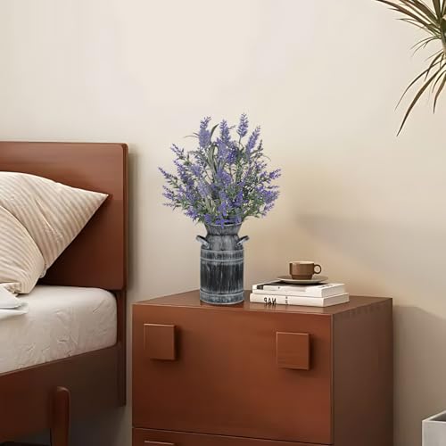 Artificial Lavender Flowers with Rustic Metal Vase 17 Inch Faux Lavender Plant Arrangement in Galvanized Planter Vintage F...