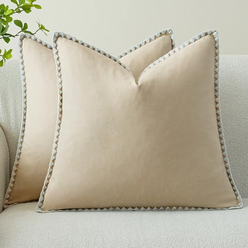 Aesthaboho Linen-Look Pillow Covers Set of 2, Decorative Throw Pillow Covers 24 x 24 Inch, Neutral Boho Shell Seamed Cushi...