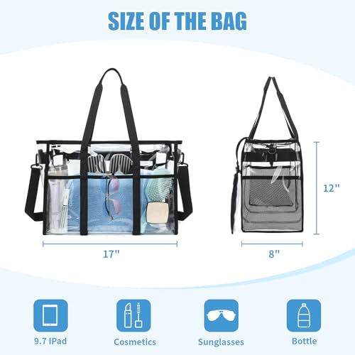 Women's Clear Beach Bag, 17" Large Clear Tote Bags with Phone Pouch and Strap, Heavy Duty Waterproof for Cruise, Pool