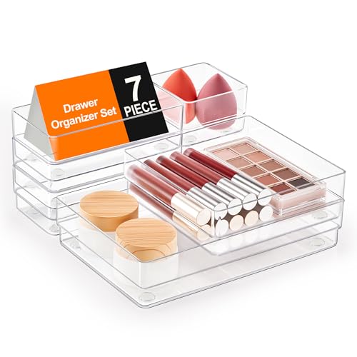 SMARTAKE 7-Piece Drawer Organizer with Non-Slip Silicone Pads, 4-Size Desk Drawer Organizer Trays Storage Tray for Makeup,...