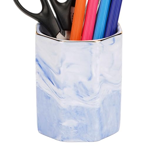 BUNCHBRAVO Blue Marble Makeup Brush Holder - Round Ceramic Pencil Container with Gold Rim, Elegant Versatile Organizer for...