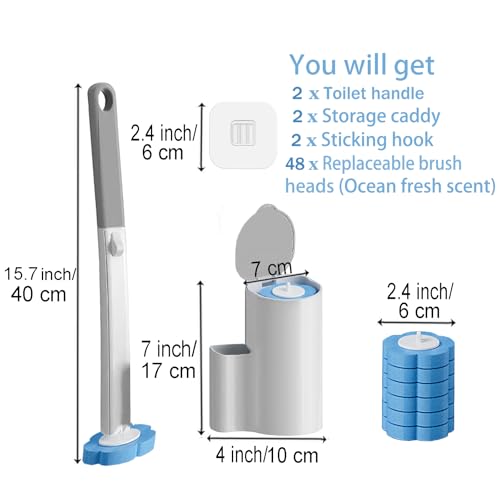 Ucaimao 2 Pack Disposable Toilet Brush and Holder Set,Extended Handle with 48 Cleaner Refills Toilet Brush for Toilet Bowl...