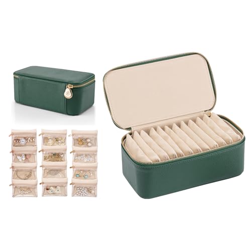 VLANDO Travel Jewelry Box Organizer – Portable PU Leather Jewelry Case with 6/8/12 Zippered Pouches, Compact Storage for E...