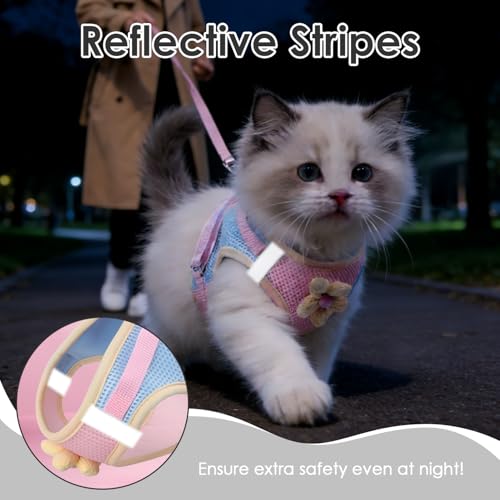 Cat Harness and Leash Set Escape Proof, Adjustable Leash & Breathable Mesh Vest with Reflective Strips & Flower, (S)