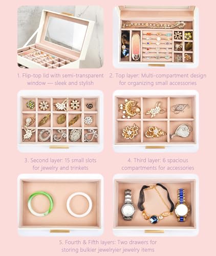 Irosiy 5 Layer Jewelry Box for Women, Glass Lid Jewelry Organizer with 5 Drawers for Necklaces Rings Earrings Bracelets(Pe...
