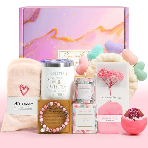 Happy Birthday Gifts for Women, 9pc Get Well Baskets, Pink Self Care Package Relaxing Spa Bath Thinking of You Gift Set fo...