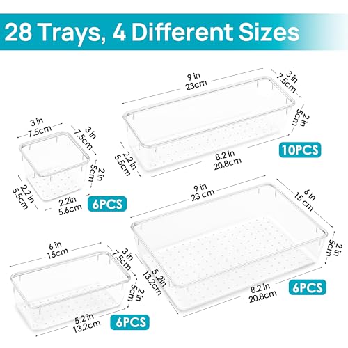 Vtopmart 28 PCS Clear Plastic Drawer Organizers Set, 4-Size Bathroom and Vanity Drawer Organizer Trays, Acrylic Storage Bi...