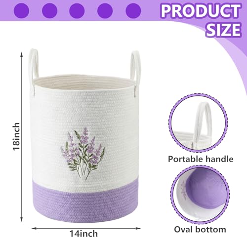 Honeydak Purple Lavender Cotton Rope Laundry Basket Hamper Large Floral Embroidery Tall Basket with Handle Foldable Round ...