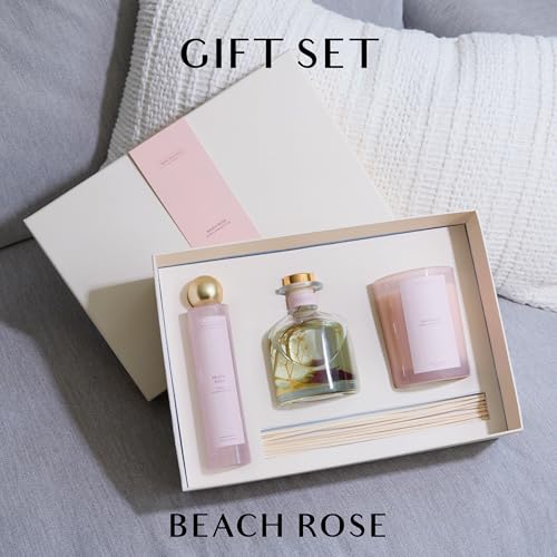 Benevolence LA Beach Rose Gift Box | Candle, Room Spray & Reed Diffuser | Rose & Sandalwood | Elegant Home Fragrance | Rea...
