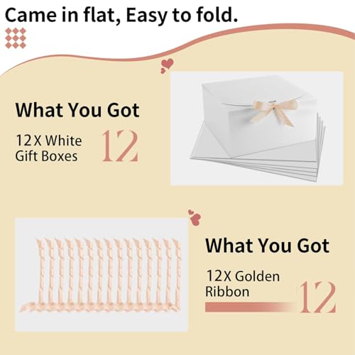 WLUSEAXI 12pack Gift Boxes with Lids,White Gift Boxes Bulk with Gold Bow Ribbon,Bridesmaid Proposal Box for Presents Kraft...