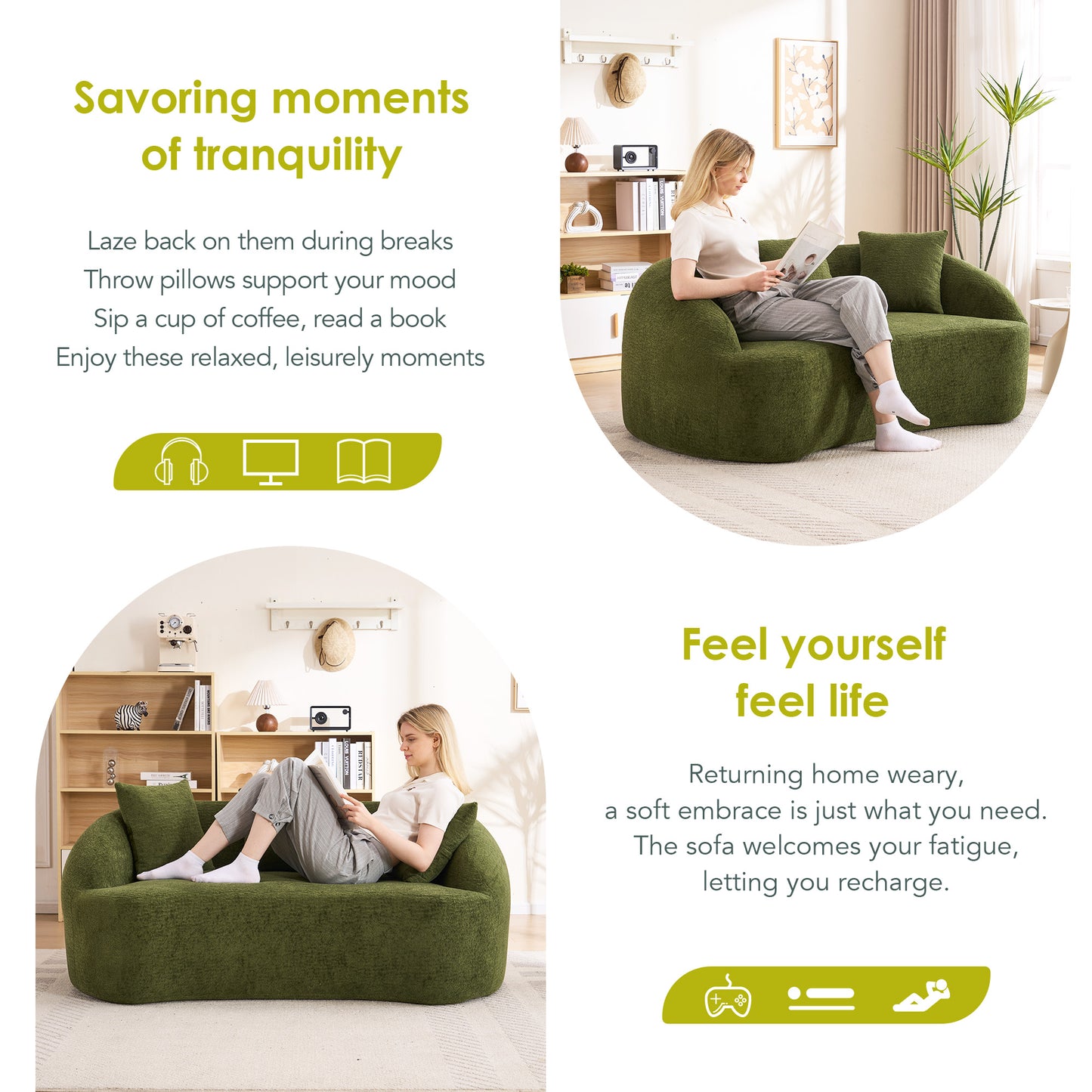 LY-049S Curved Modern Boneless Sofa Loveseat  Backrest Upgrade  2-Seater Green Chenille Compression Couch With 3 Pillows  Minimalist Modular Couches For Living Room  Office  Apartment  Guest Room