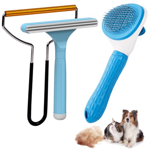 Analan 3-in-1 Pet Hair Remover & Grooming Set for Dogs & Cats – Self-Cleaning Brush for Shedding, Cat Brush, Metal Fur Rem...