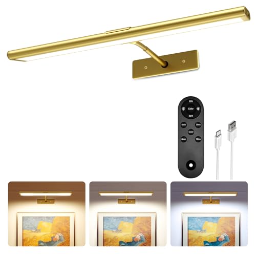 EZVALO Picture Light for Wall, 4800mAh Rechargeable Wireless Remote, 16in Dimmable Magnetic LED Art Display Light with 3 C...