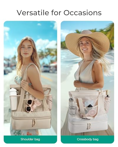 BAGSMART Beach Bag for Women, Mesh Tote Bags with Zipper, Sandproof Vacation Essentials with Cooler for Swim Cruise Pool